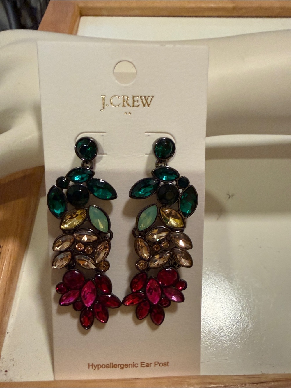 J. Crew Factory Multicolor Crystal Drop Earrings — Emerald, Gold & Fuchsia